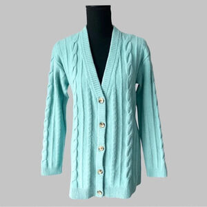 Talbots Light Blue Wool Blend Stretchy Cable Knit Cardigan